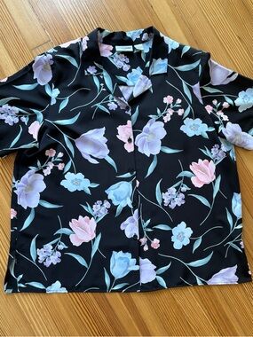 Alfred Dunner Black Button-Up Shirt with Pastel Floral Print